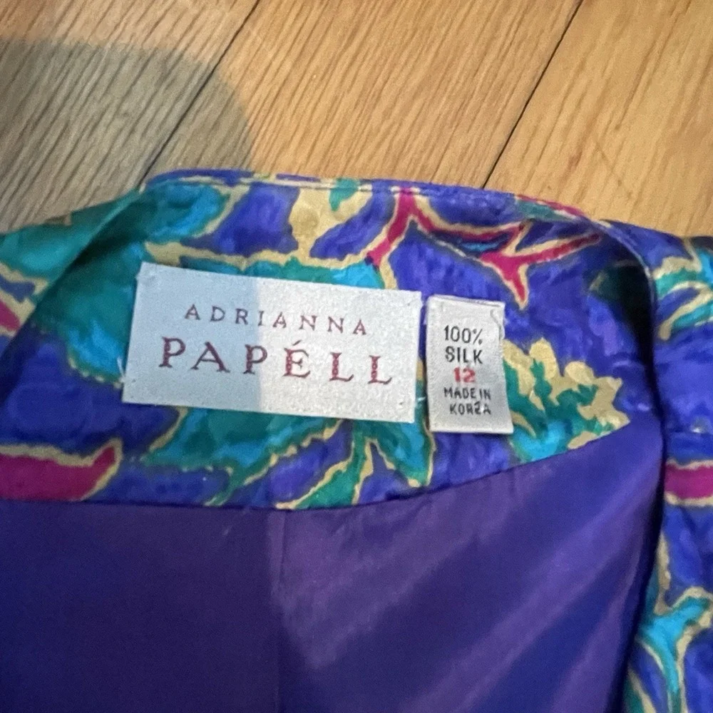 Vintage 80s Adrianna Papell 100% Silk 2 Pc Set Floral Jacket Skirt Size 12 EUC